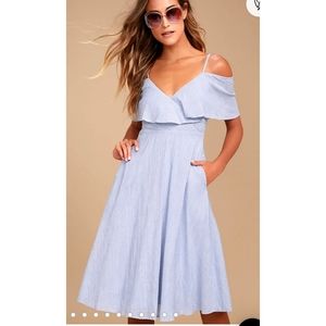 Yacht Rock Blue and White Striped Off-the-Shoulder Midi Dress